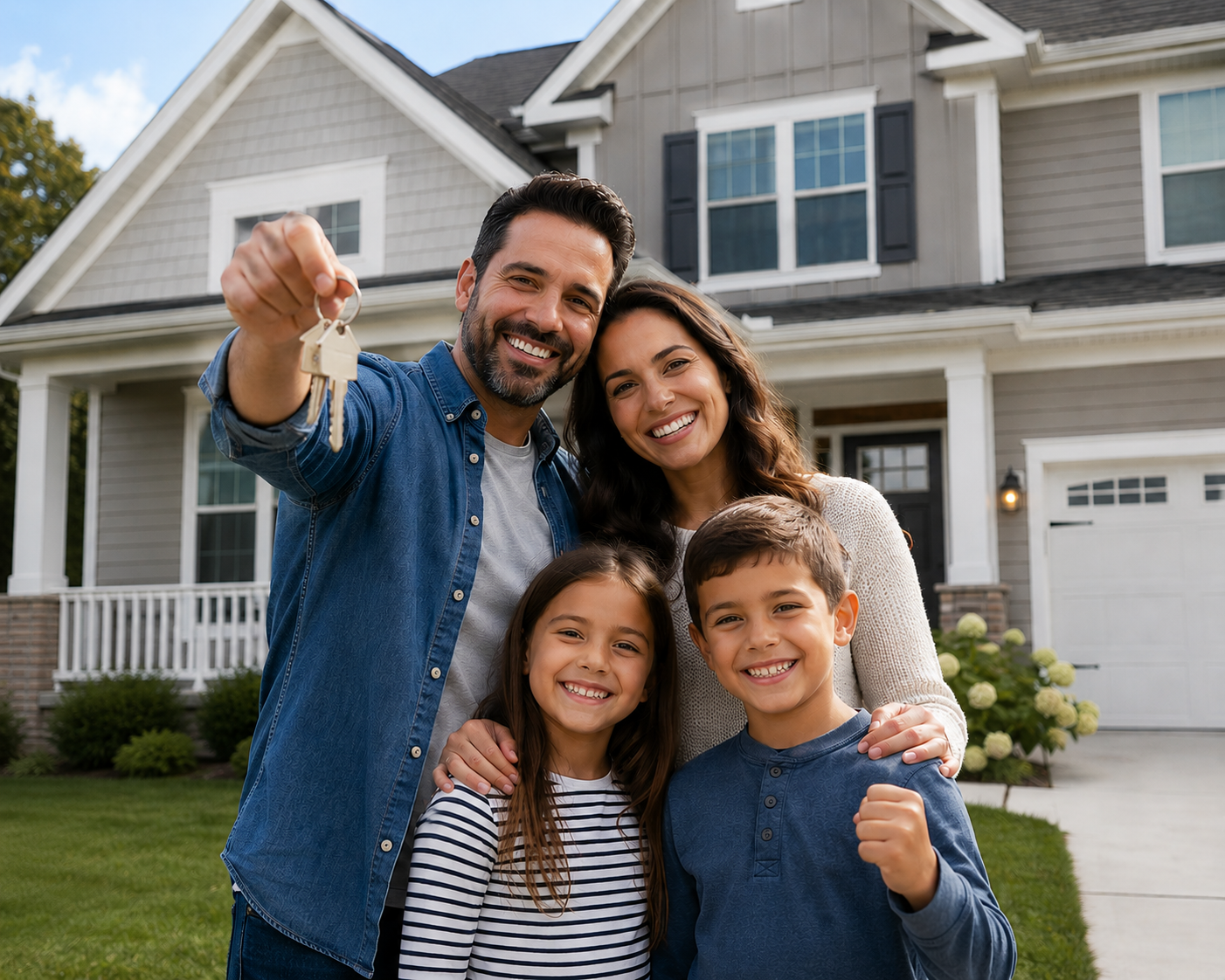 Familia feliz recibiendo las llaves de su nueva casa
